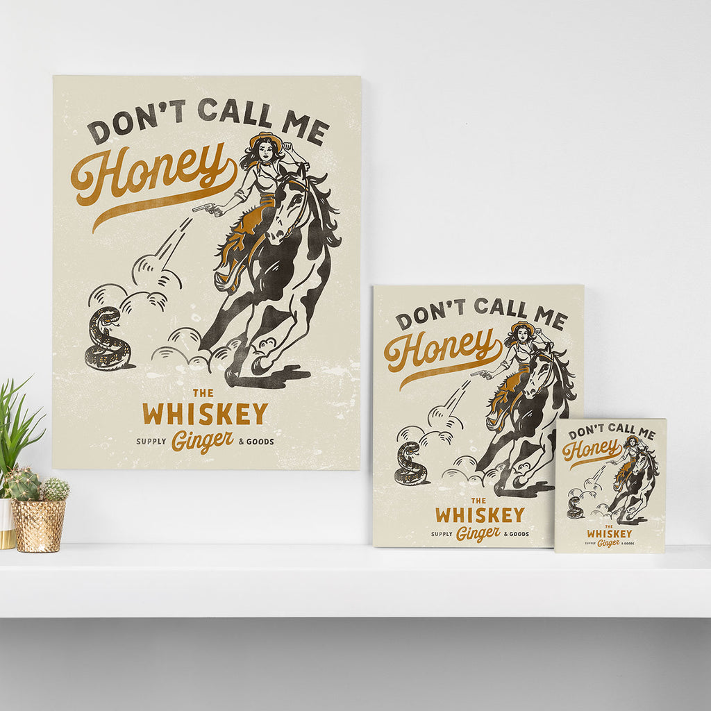 "Don't Call Me Honey" Retro Pinup Cowgirl On Horseback Shooting A Snake V.2 Canvas Print Gallery Image 3