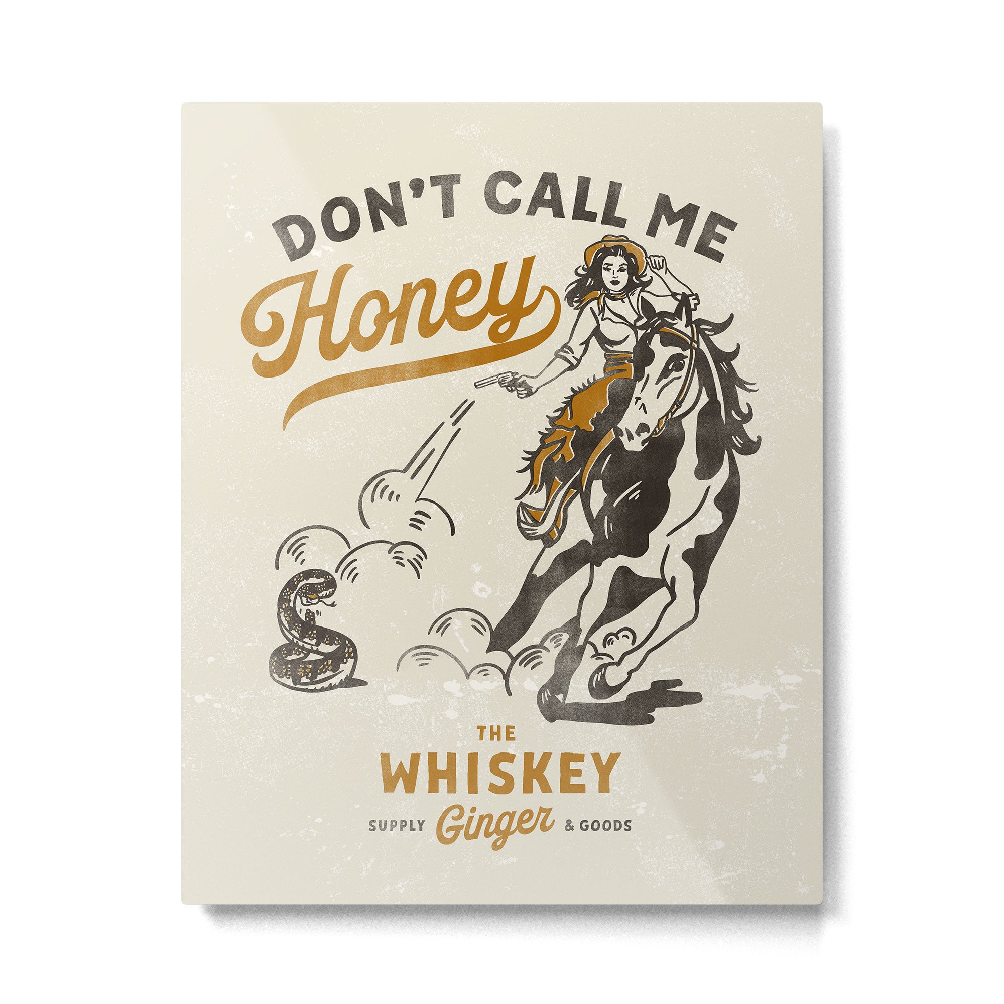 "Don't Call Me Honey" Retro Pinup Cowgirl On Horseback Shooting A Snake V.2 Metal Print Gallery Image 4