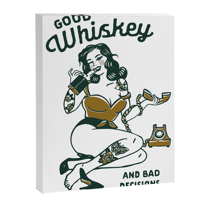 Good Whiskey & Bad Decisions: Funny Vintage Whisky Bar Decor Canvas Print Gallery Image 1