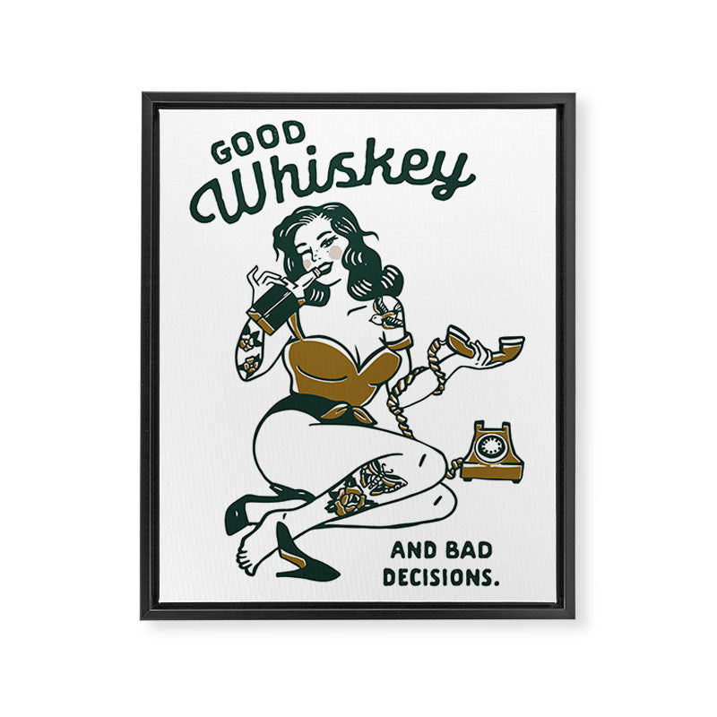 Good Whiskey & Bad Decisions: Funny Vintage Whisky Bar Decor Framed Canvas Print Gallery Image 6