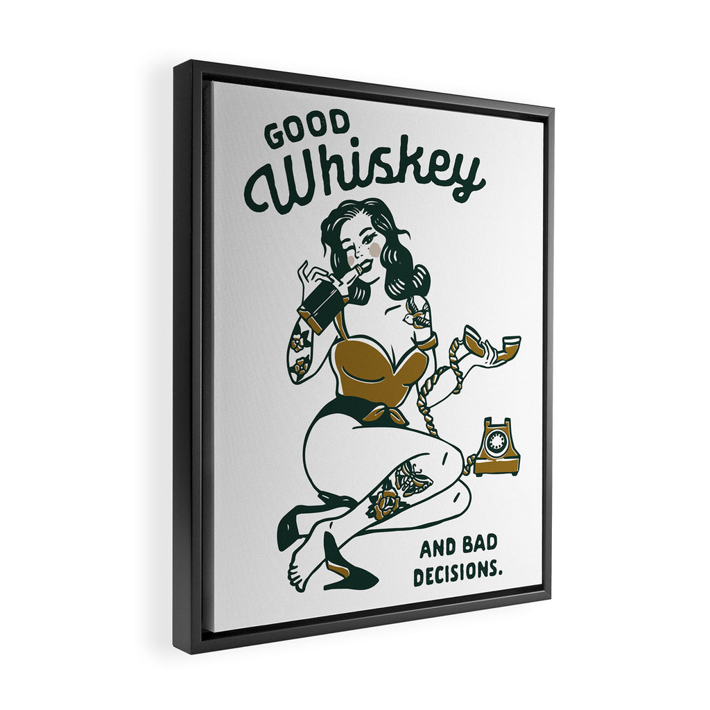 Good Whiskey & Bad Decisions: Funny Vintage Whisky Bar Decor Framed Canvas Print Gallery Image 2
