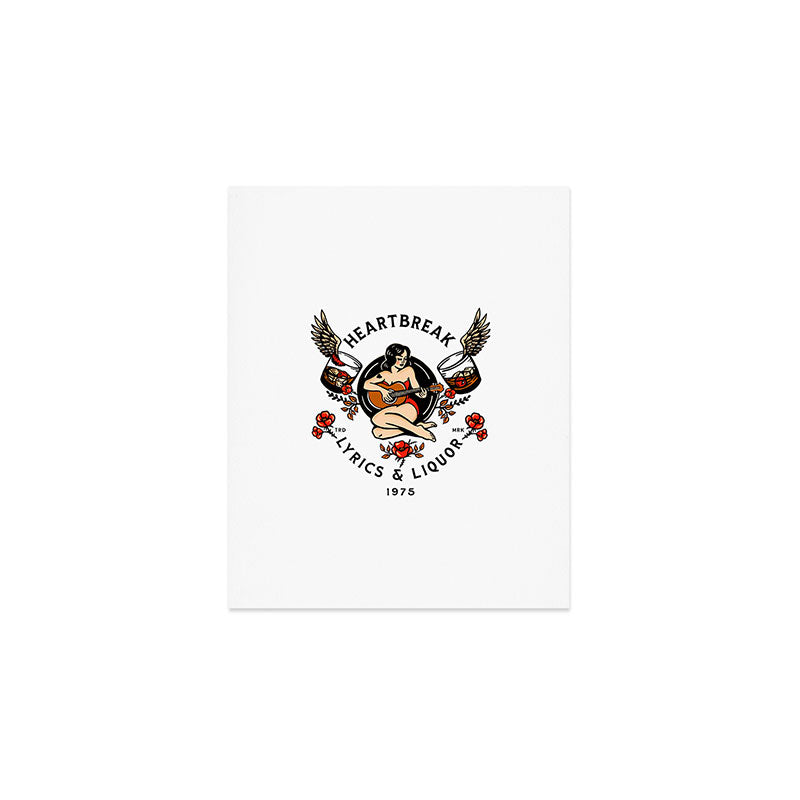 Heartbreak Lyrics & Liquor 1975. Cute Pinup Girl Playing Guitar: Full Color Version. Art Print Gallery Image 1