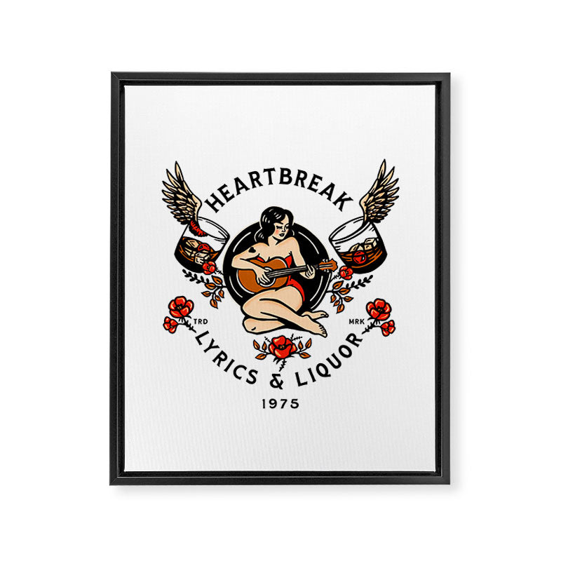 Heartbreak Lyrics & Liquor 1975. Cute Pinup Girl Playing Guitar: Full Color Version. Framed Canvas Print Gallery Image 8