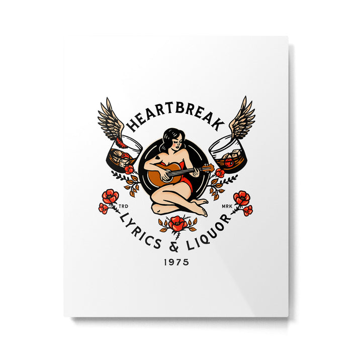 Heartbreak Lyrics & Liquor 1975. Cute Pinup Girl Playing Guitar: Full Color Version. Metal Print Gallery Image 1