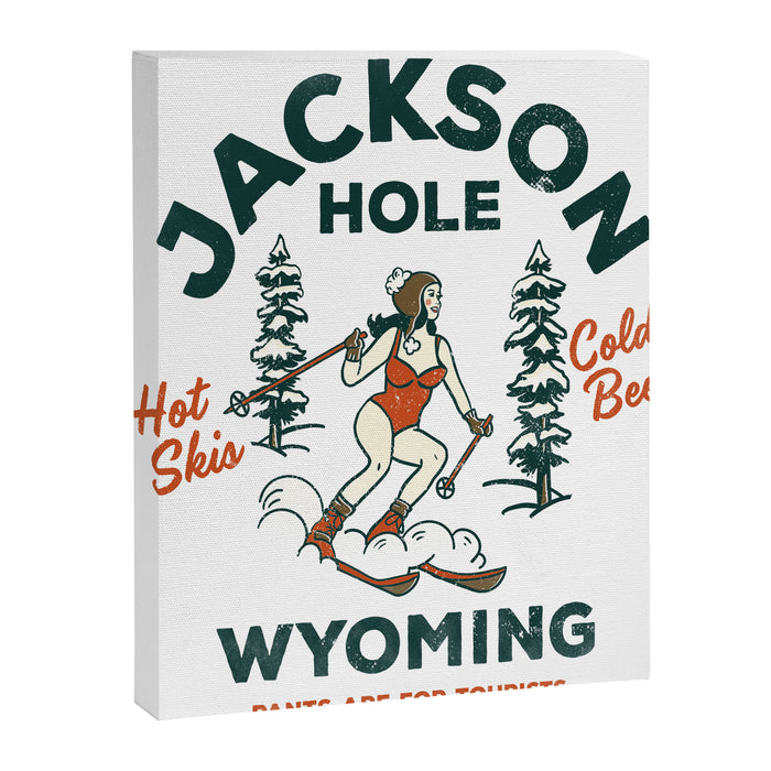 Jackson Hole Wyoming: Pants Are For Tourists. Cool, Retro Girl Skiing Art Canvas Print Gallery Image 1