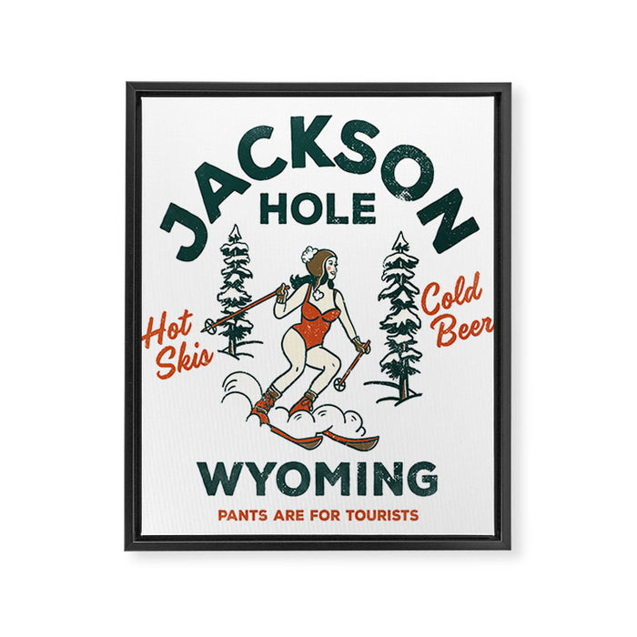 Jackson Hole Wyoming: Pants Are For Tourists. Cool, Retro Girl Skiing Art Framed Canvas Print Gallery Image 1