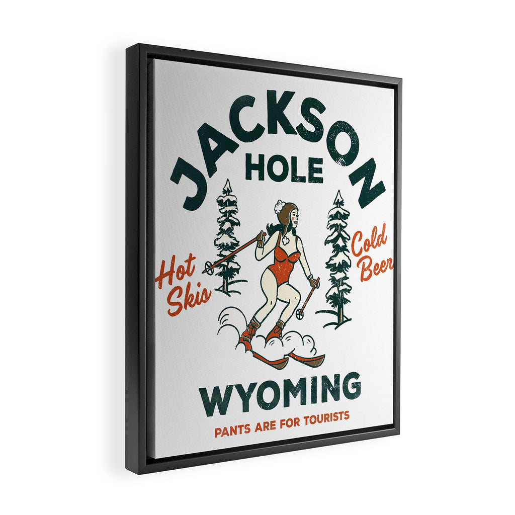 Jackson Hole Wyoming: Pants Are For Tourists. Cool, Retro Girl Skiing Art Framed Canvas Print Gallery Image 2