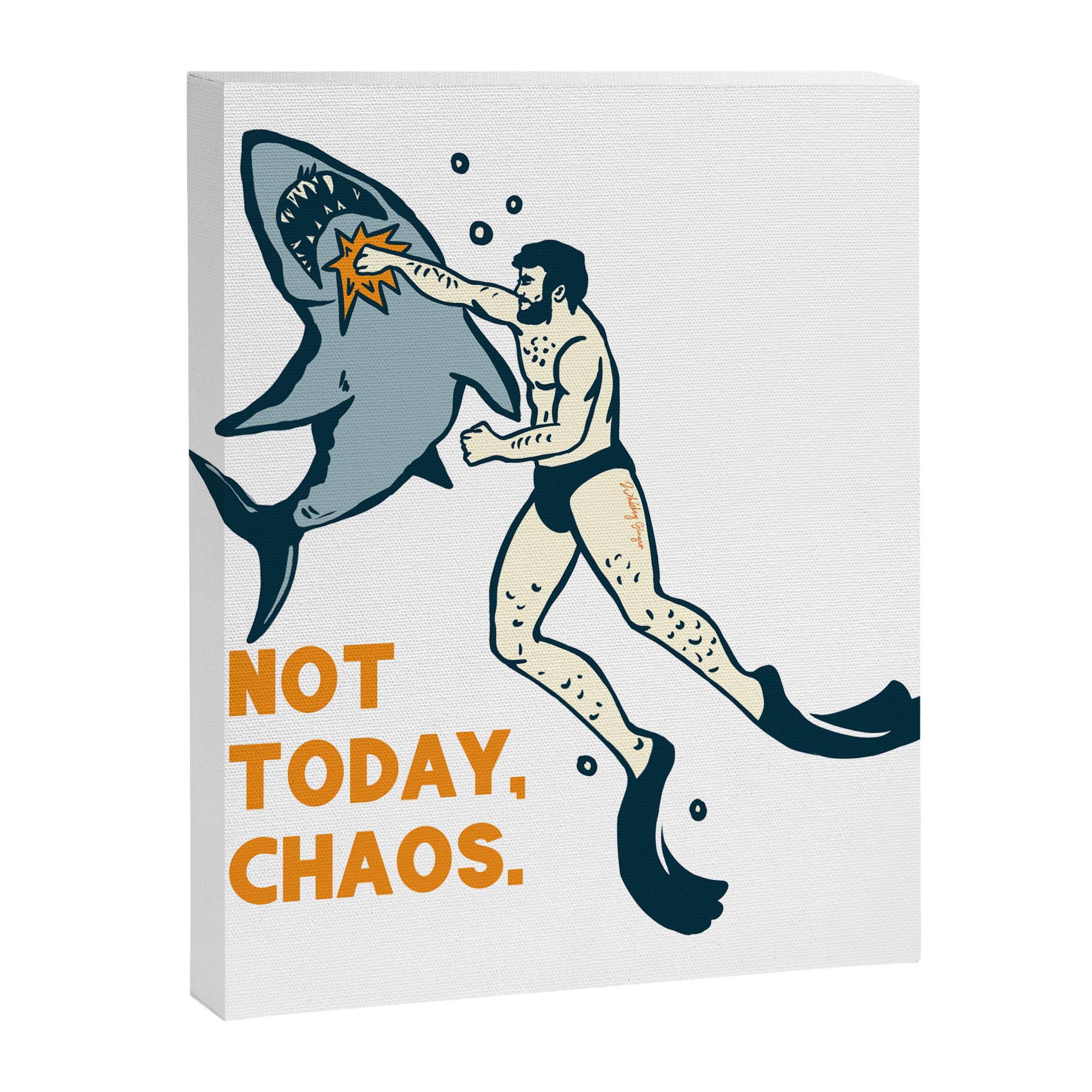 Not Today Chaos! Funny Man Punching Shark Tattoo Style Art Canvas Print Gallery Image 6