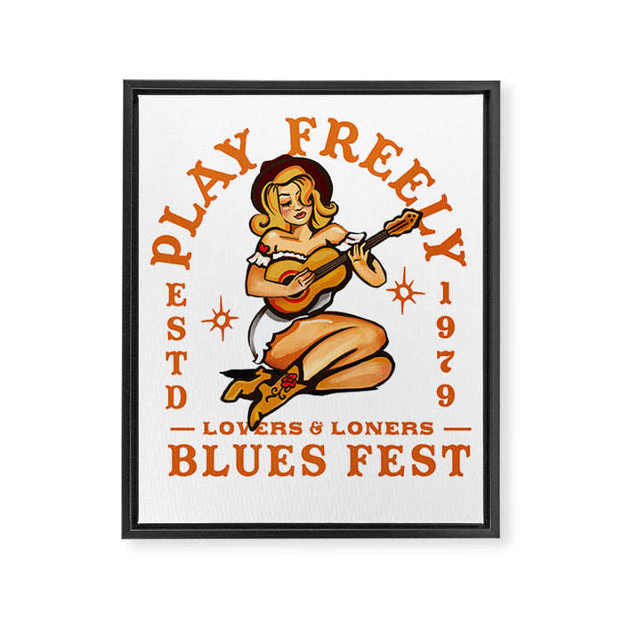 Play Freely Lovers & Loners Blues Fest Guitar Girl Framed Canvas Print Gallery Image 1