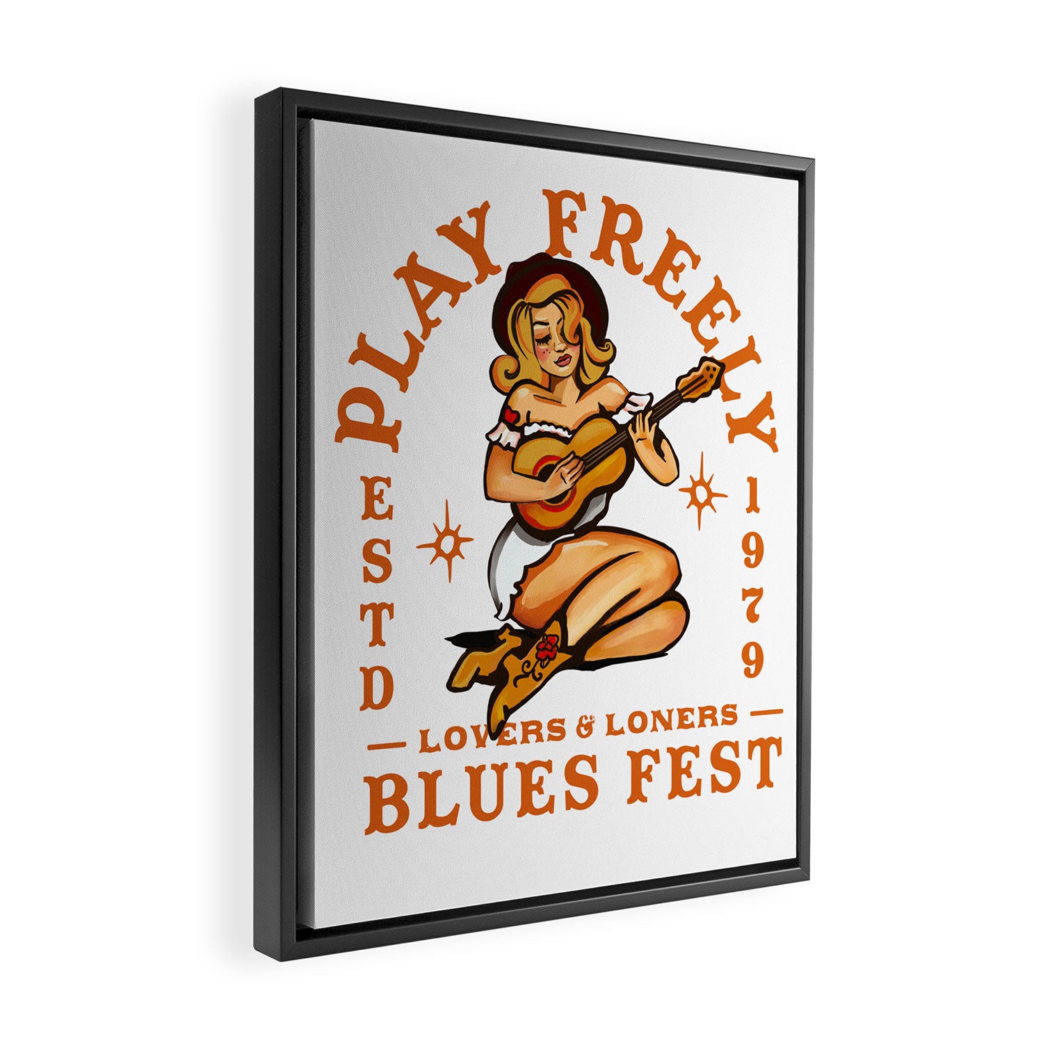 Play Freely Lovers & Loners Blues Fest Guitar Girl Framed Canvas Print Gallery Image 2