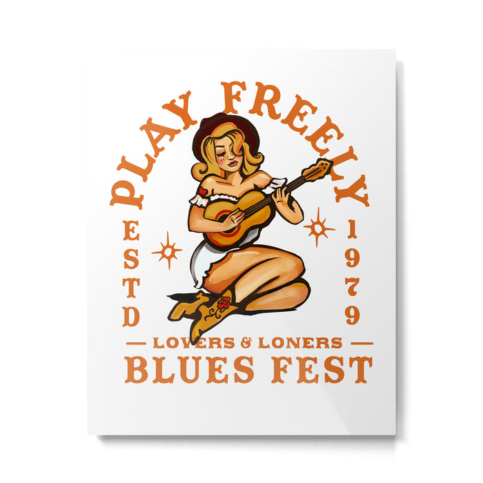 Play Freely Lovers & Loners Blues Fest Guitar Girl Metal Print Gallery Image 1