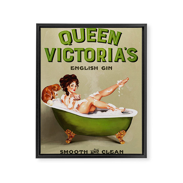 "Queen Victoria's English Gin" Cool Vintage Pinup Girl Alcohol Ad Wall Art Framed Canvas Print Gallery Image 1