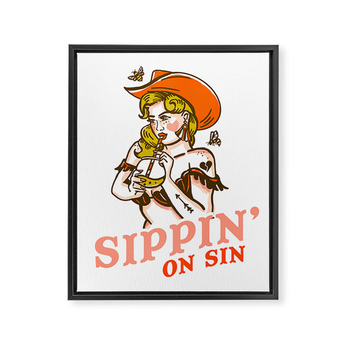 Sippin' On Sin Retro Cowgirl Framed Canvas Print Gallery Image 1