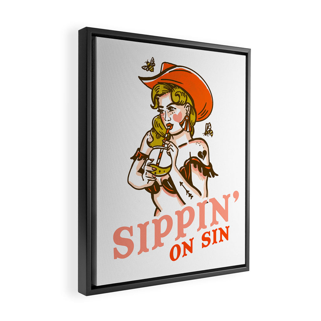 Sippin' On Sin Retro Cowgirl Framed Canvas Print Gallery Image 2