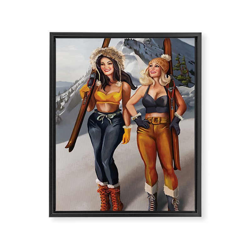 "Ski Bunnies" Cool Retro Winter Pinup Girl Art Framed Canvas Print Gallery Image 6