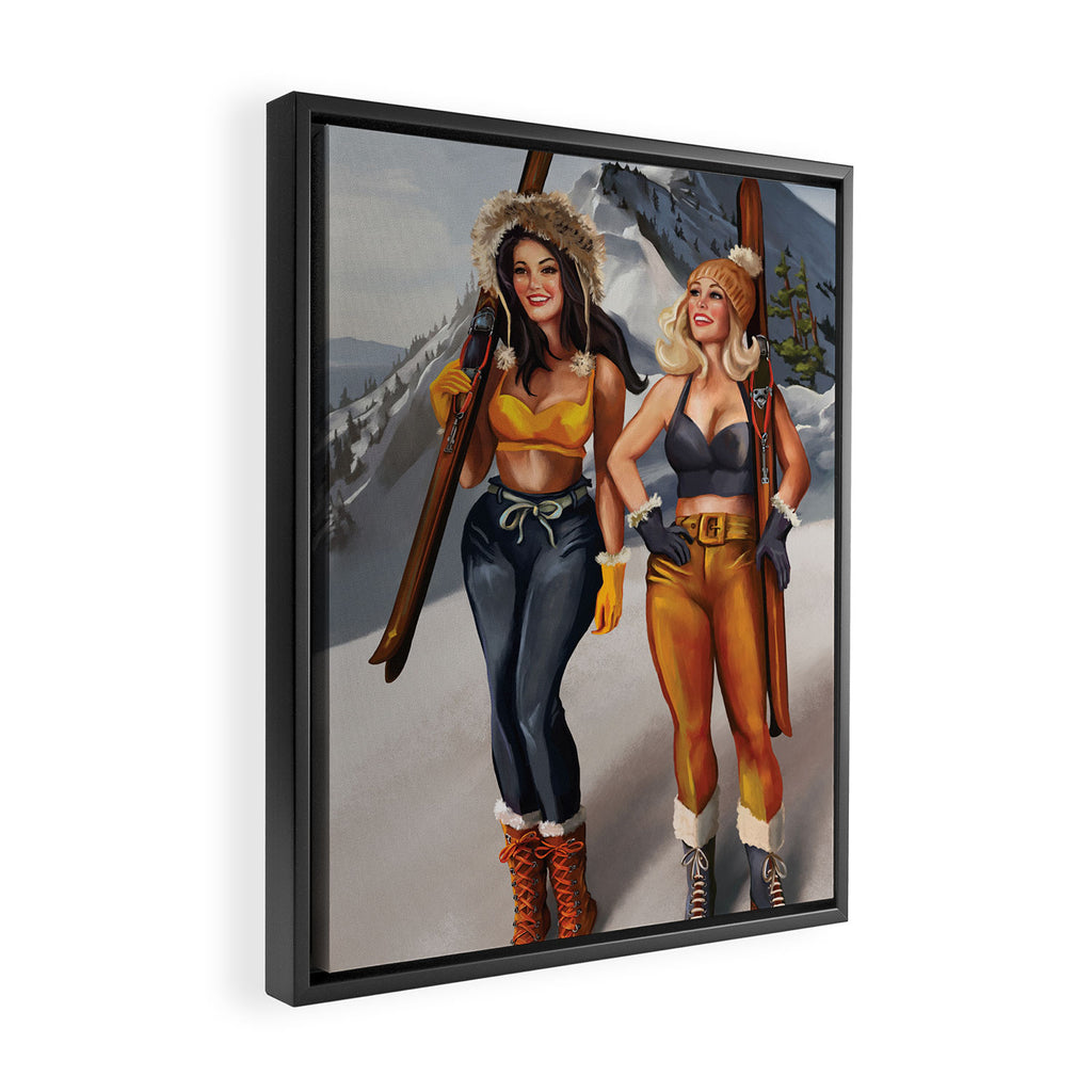 "Ski Bunnies" Cool Retro Winter Pinup Girl Art Framed Canvas Print Gallery Image 2
