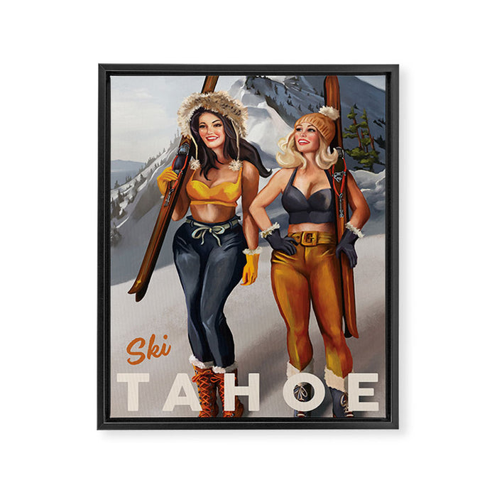 "Ski Tahoe" Cute Pinup Girls Skiing Wall Art Framed Canvas Print Gallery Image 1