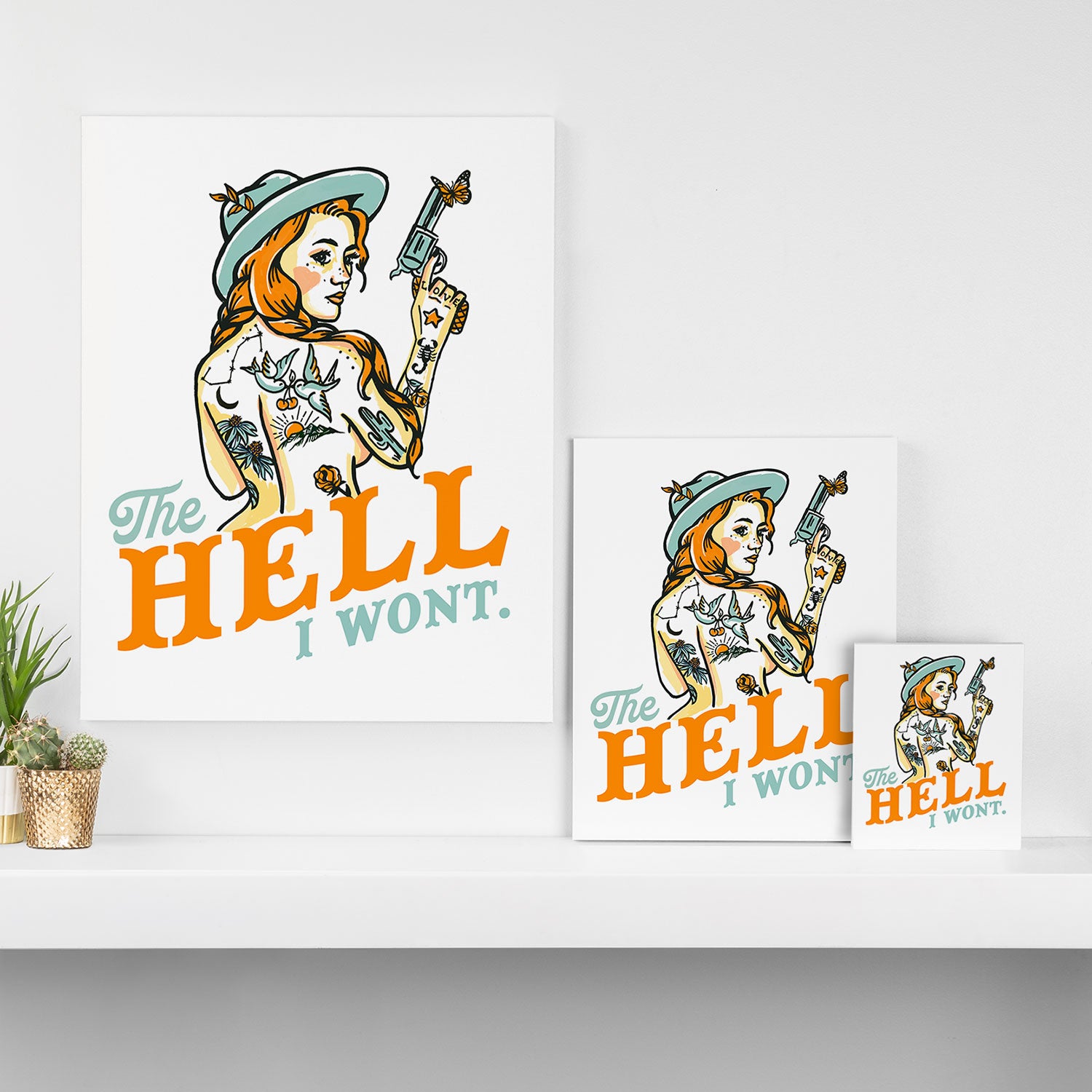 The Hell I Won't: Tattoo Redhead With A Revolver Canvas Print Gallery Image 3