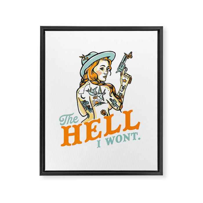 The Hell I Won't: Tattoo Redhead With A Revolver Framed Canvas Print Gallery Image 1