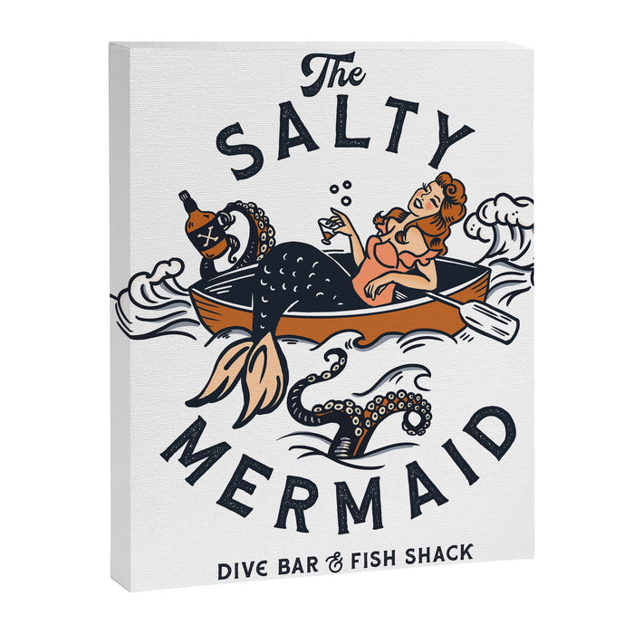 The Salty Mermaid Dive Bar & Fish Shack - Retro Pinup Mermaid Travel Art Canvas Print Gallery Image 1