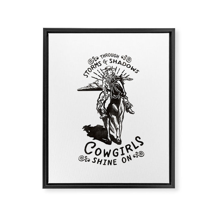 Through Storms & Shadows, Cowgirls Sine On. Retro Western Art Design. Framed Canvas Print Gallery Image 1