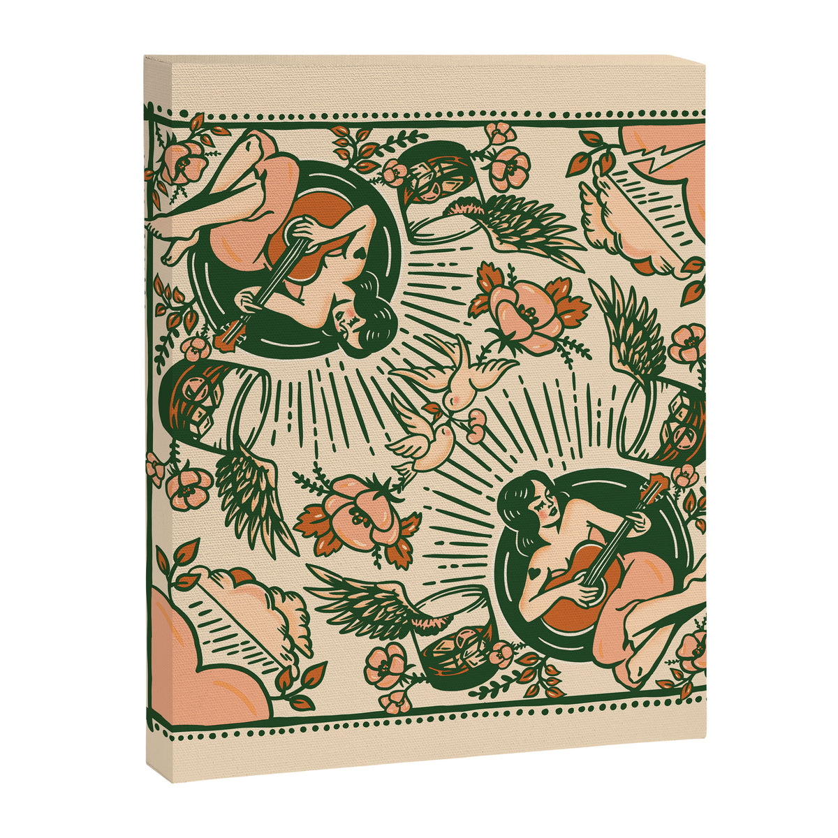 Whiskey & Lyrics Pattern Featuring A Pinup Girl Playing Guitar, Peach Cream Version Canvas Print Gallery Image 8