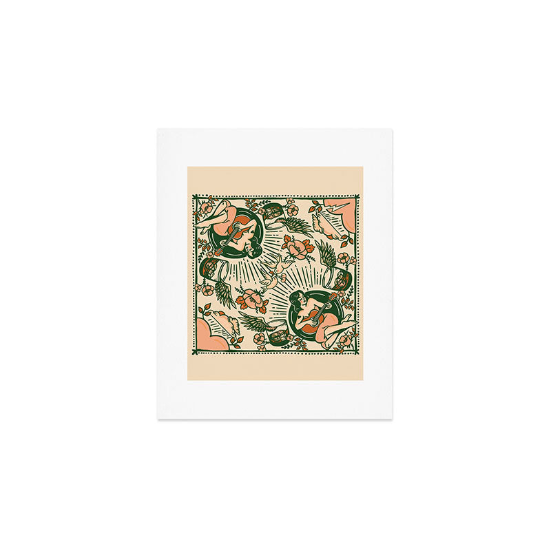 Whiskey & Lyrics Pattern Featuring A Pinup Girl Playing Guitar, Peach Cream Version Art Print Gallery Image 1