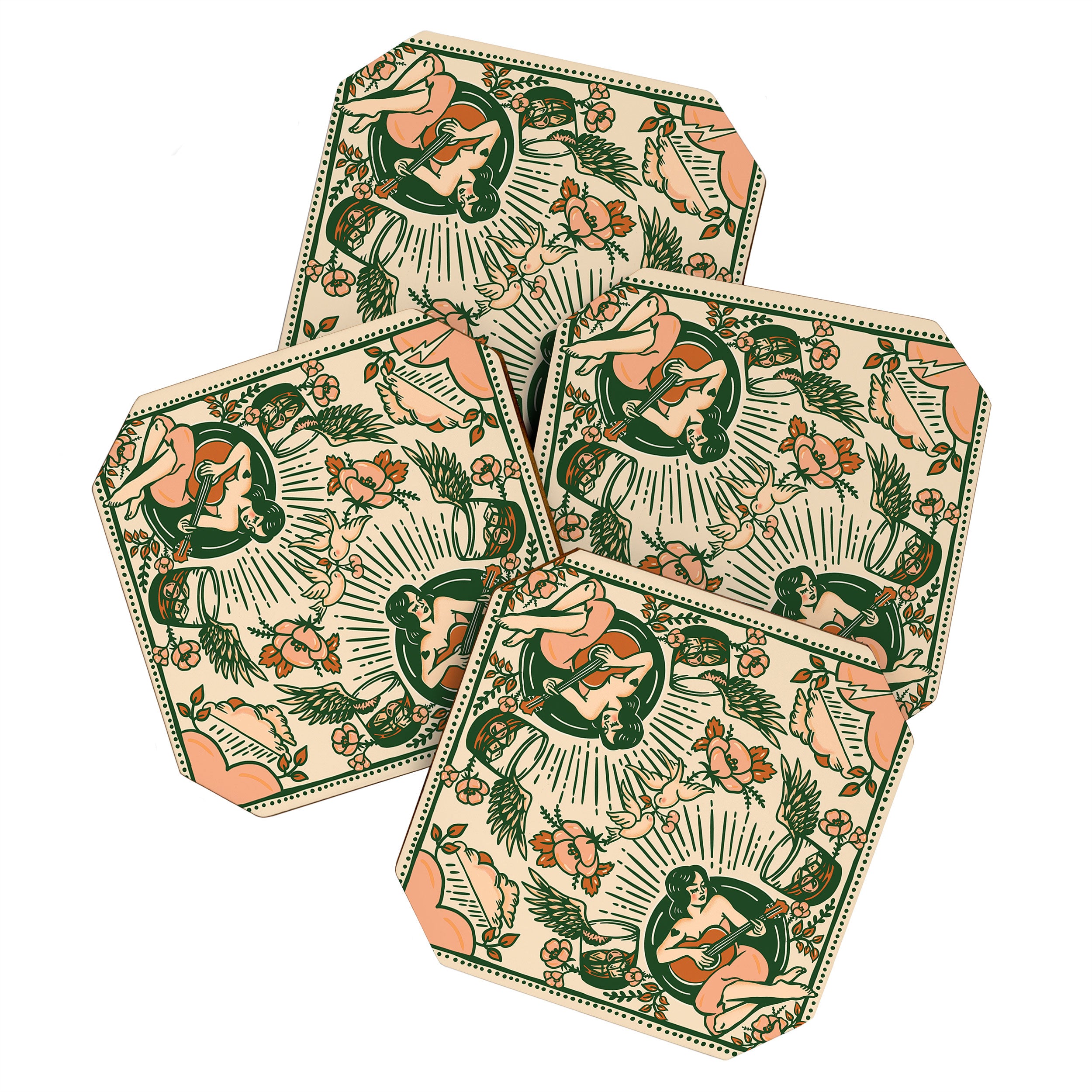 Whiskey & Lyrics Pattern Featuring A Pinup Girl Playing Guitar, Peach Cream Version Coaster Gallery Image 1