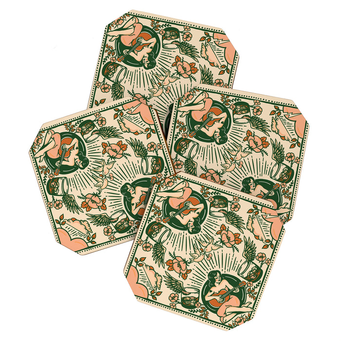 Whiskey & Lyrics Pattern Featuring A Pinup Girl Playing Guitar, Peach Cream Version Coaster Gallery Image 1