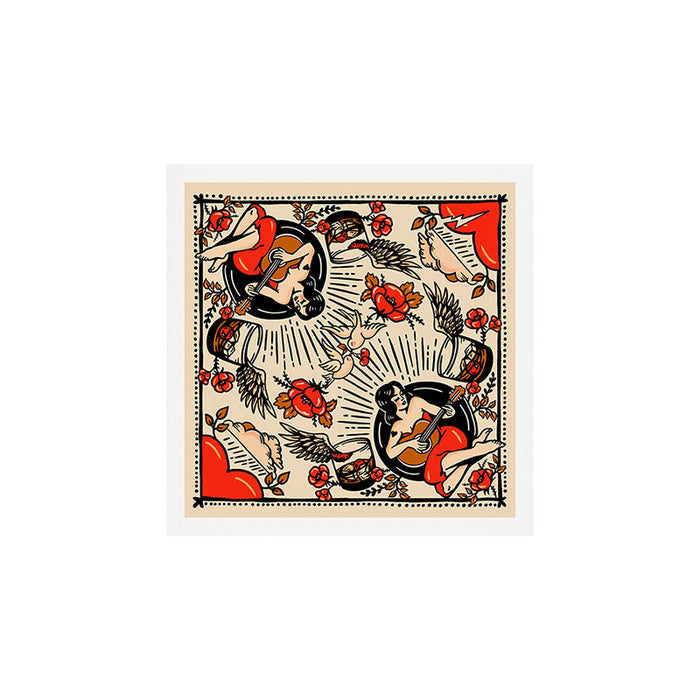 Whiskey & Lyrics Pattern Featuring A Pinup Girl Playing Guitar, Red Version Art Print Gallery Image 1