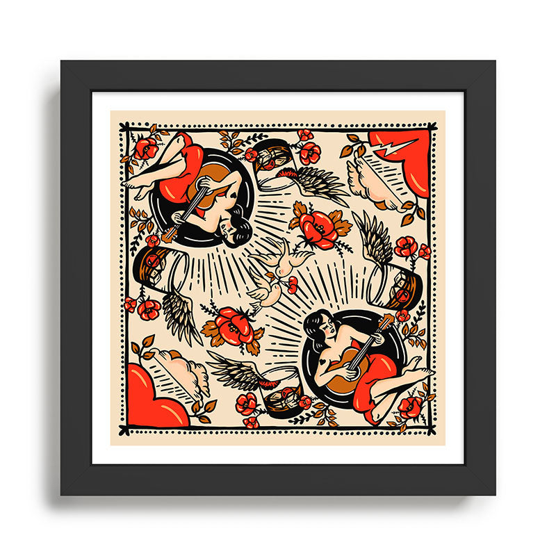 Whiskey & Lyrics Pattern Featuring A Pinup Girl Playing Guitar, Red Version Framed Art Print Gallery Image 1