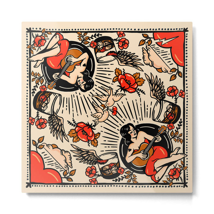 Whiskey & Lyrics Pattern Featuring A Pinup Girl Playing Guitar, Red Version Metal Print Gallery Image 1