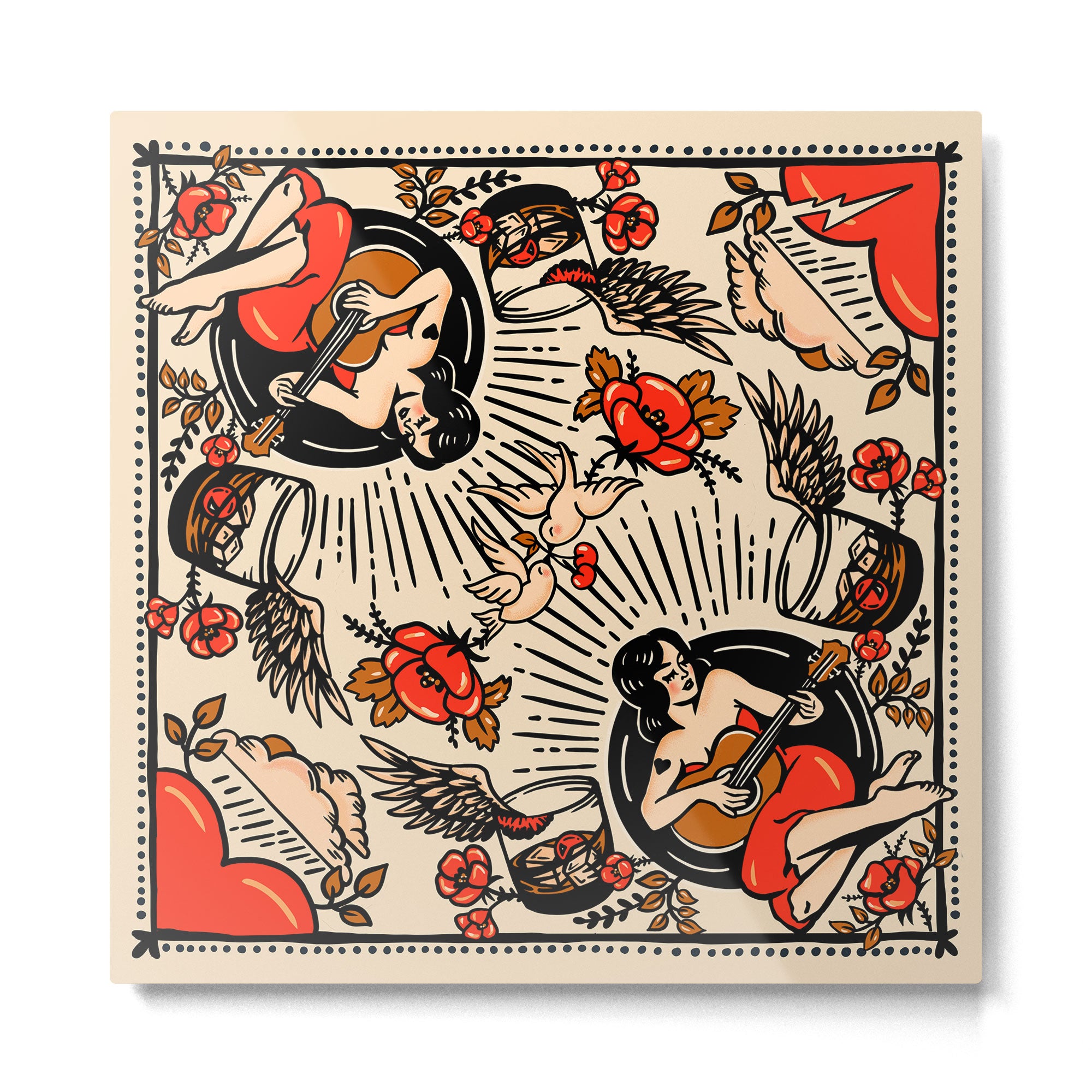 Whiskey & Lyrics Pattern Featuring A Pinup Girl Playing Guitar, Red Version Metal Print Gallery Image 2