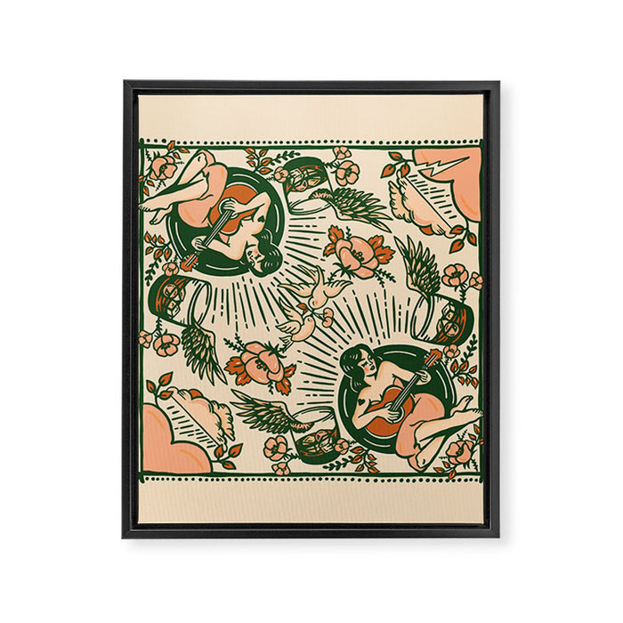 Whiskey & Lyrics Pattern Featuring A Pinup Girl Playing Guitar, Peach Cream Version Framed Canvas Print Gallery Image 1