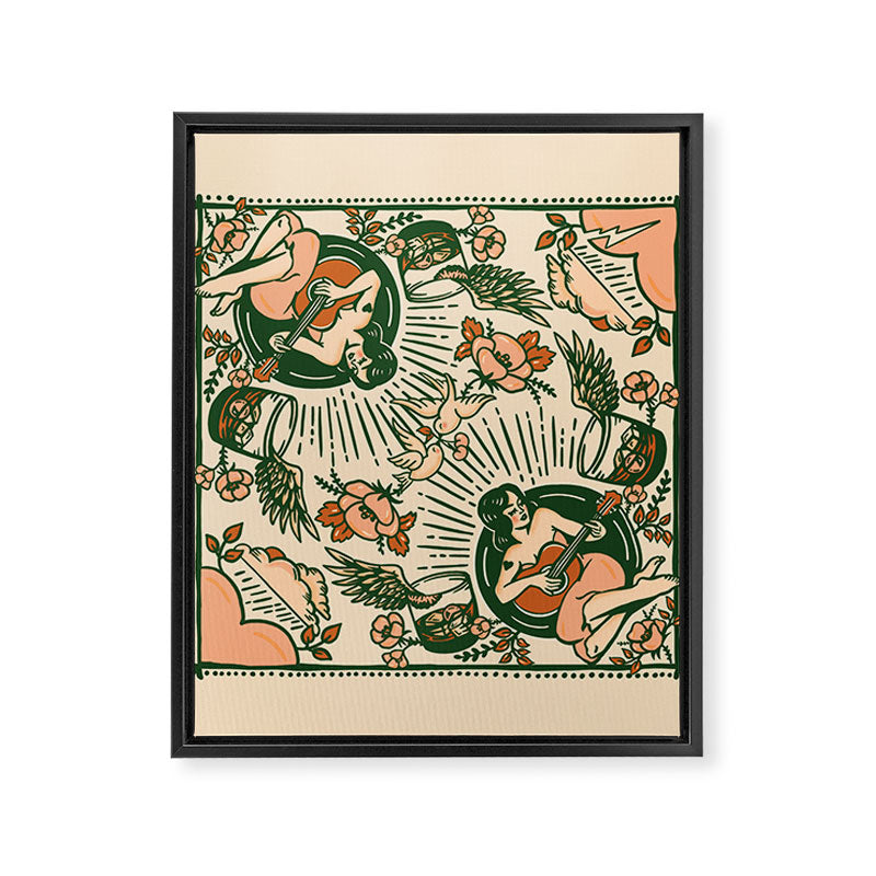 Whiskey & Lyrics Pattern Featuring A Pinup Girl Playing Guitar, Peach Cream Version Framed Canvas Print Gallery Image 8