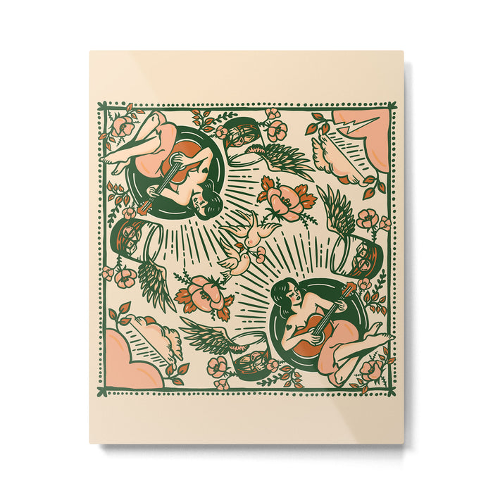 Whiskey & Lyrics Pattern Featuring A Pinup Girl Playing Guitar, Peach Cream Version Metal Print Gallery Image 1