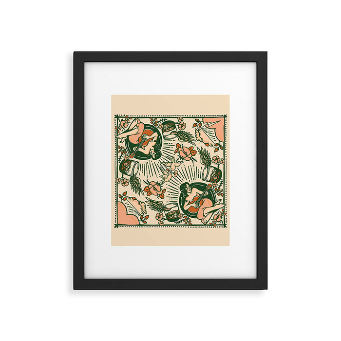 Whiskey & Lyrics Pattern Featuring A Pinup Girl Playing Guitar, Peach Cream Version Framed Art Print Gallery Image 1