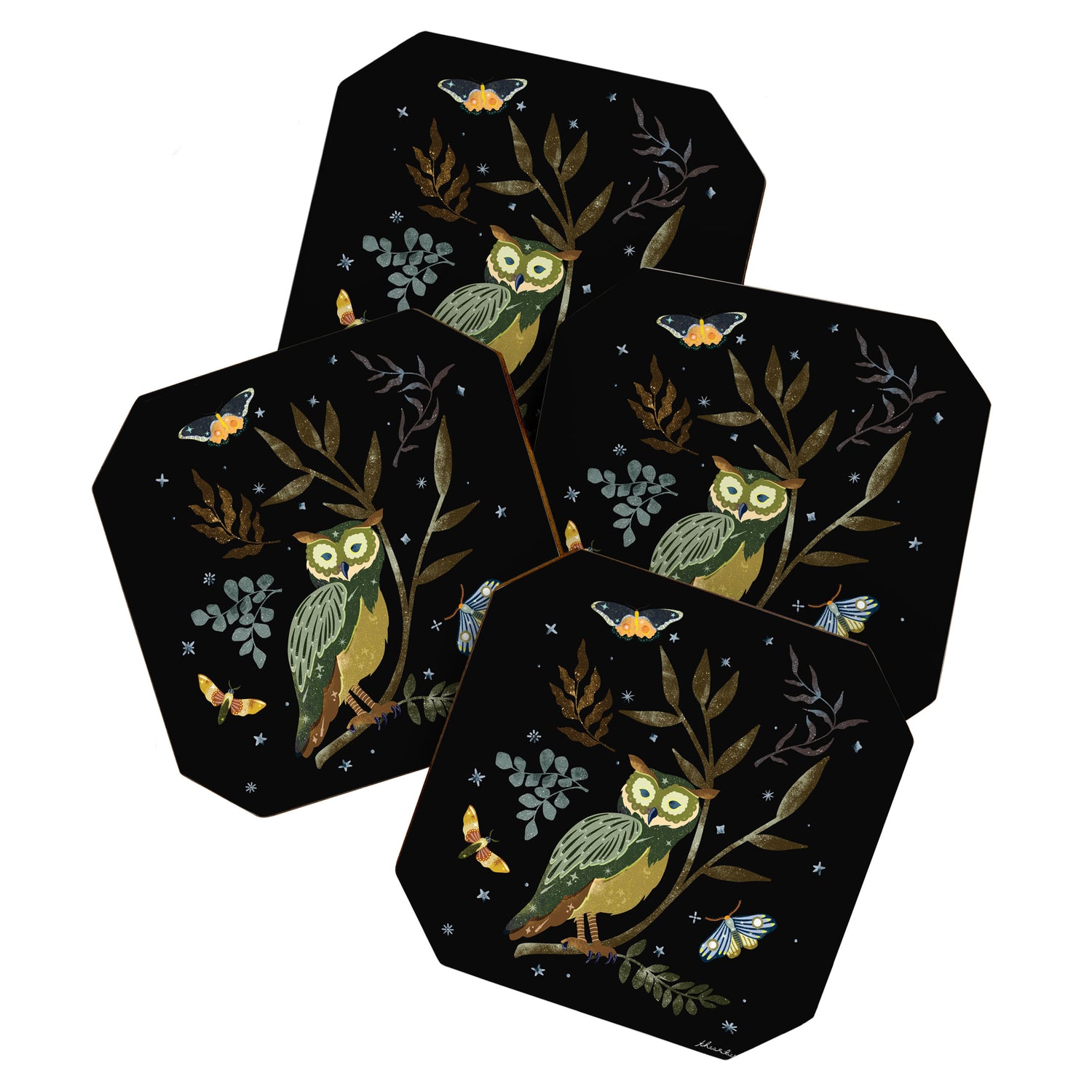 Moonlit Owl and Fluttering Moths Coaster Gallery Image 1
