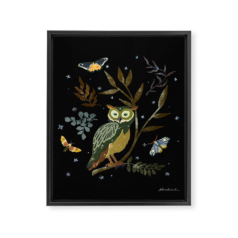 Moonlit Owl and Fluttering Moths Framed Canvas Print Gallery Image 8