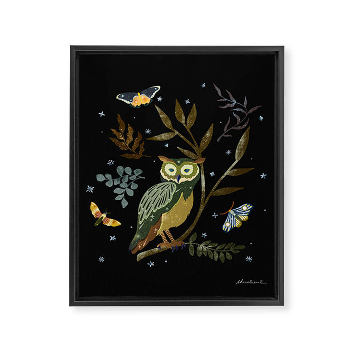 Moonlit Owl and Fluttering Moths Framed Canvas Print Gallery Image 1