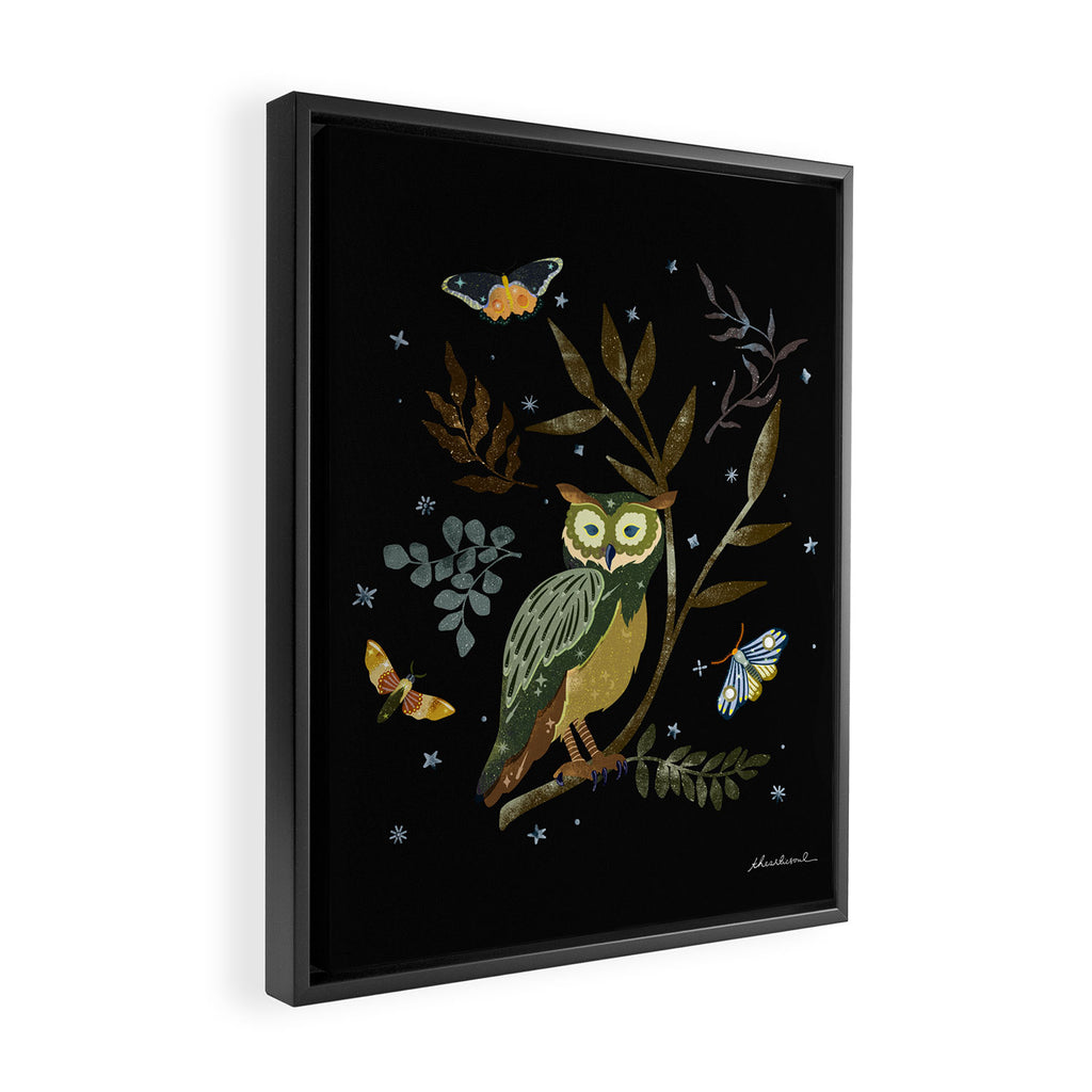 Moonlit Owl and Fluttering Moths Framed Canvas Print Gallery Image 2