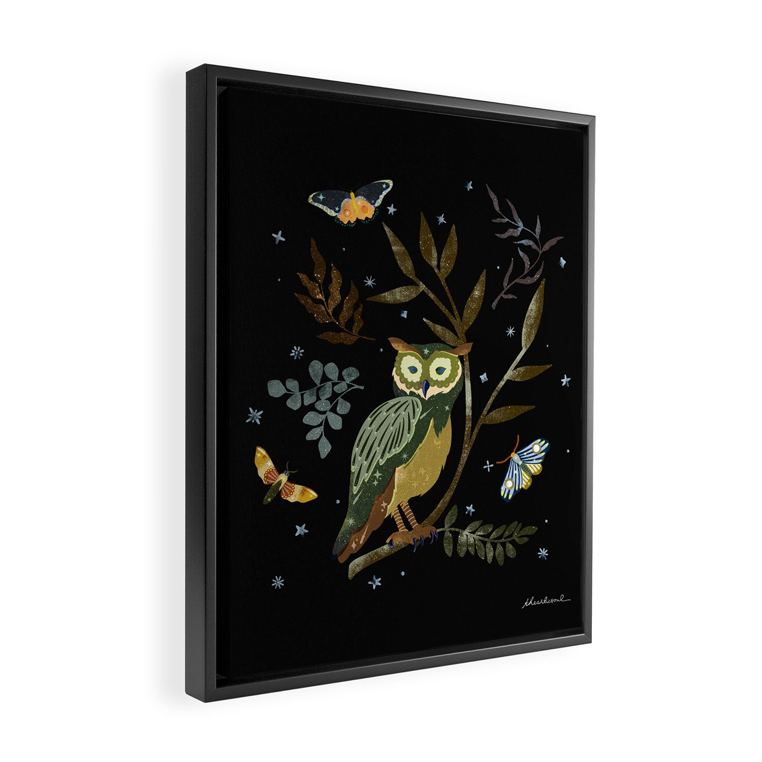 Moonlit Owl and Fluttering Moths Framed Canvas Print Gallery Image 2