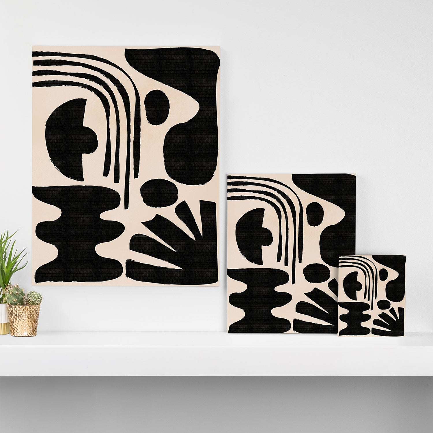 Abstract Mid-Century Modern Black and Beige Composition Canvas Print Gallery Image 3