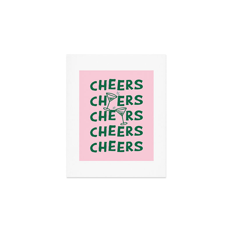 Cheers. Cocktails and Drinks in Forest Green and Pink Art Print Gallery Image 1