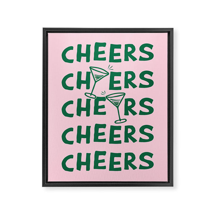 Cheers. Cocktails and Drinks in Forest Green and Pink Framed Canvas Print Gallery Image 1