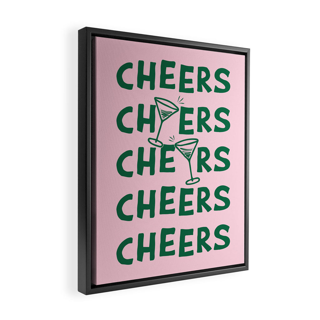 Cheers. Cocktails and Drinks in Forest Green and Pink Framed Canvas Print Gallery Image 2