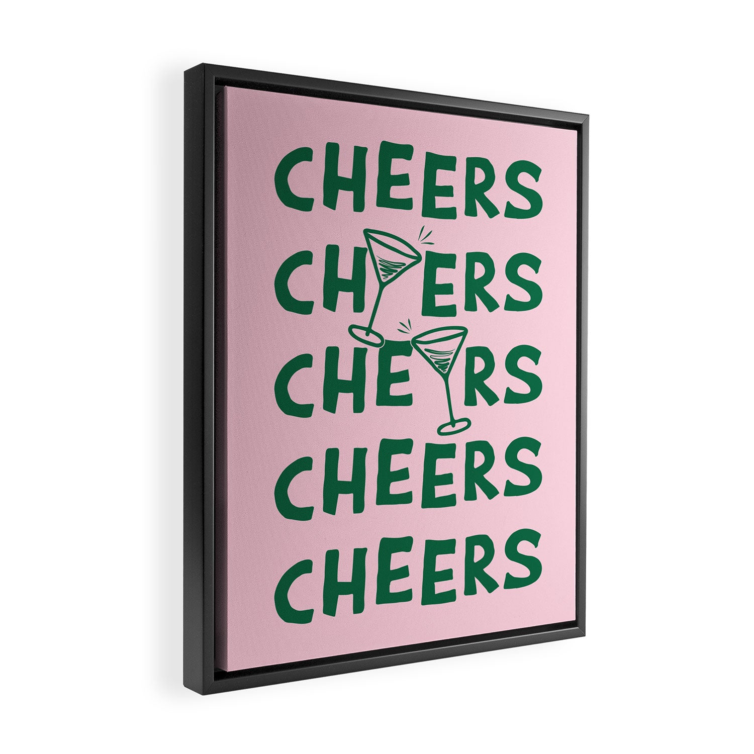 Cheers. Cocktails and Drinks in Forest Green and Pink Framed Canvas Print Gallery Image 2
