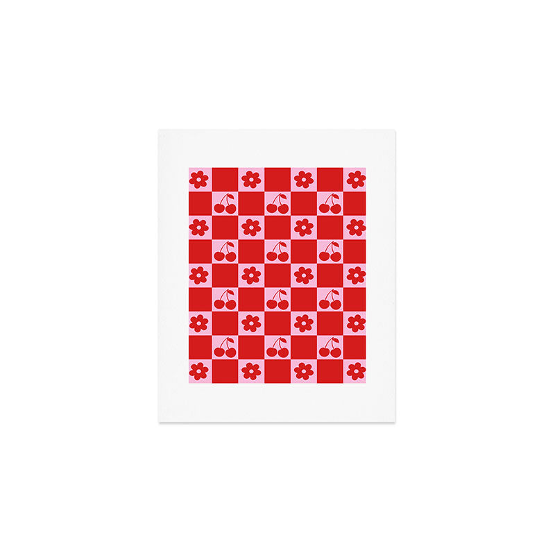 Cherry Flowers Pink & Red Checker Art Print Gallery Image 1