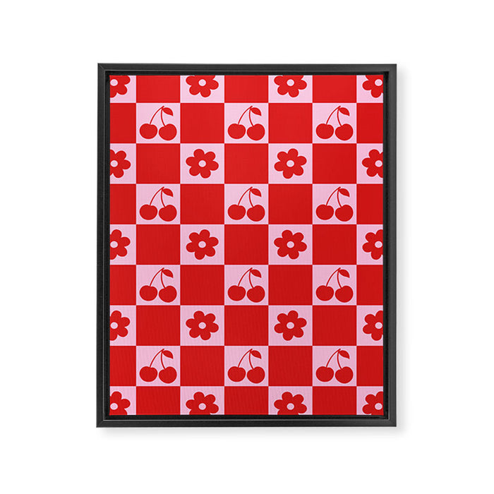 Cherry Flowers Pink & Red Checker Framed Canvas Print Gallery Image 1
