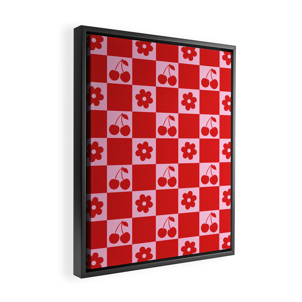 Cherry Flowers Pink & Red Checker Framed Canvas Print Gallery Image 2